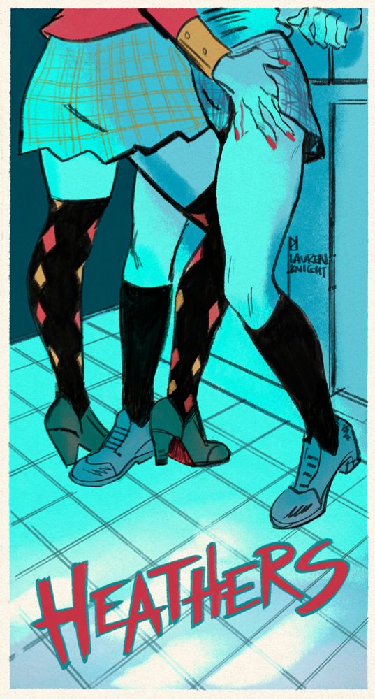 SUGGESTIVE "Heathers" fan art showing Heather Chandler and Veronica Sawyer from the legs down. Heather has Veronica cornered in the bathroom and is pushing one leg in between Veronica's while slipping her hand under her skirt. #myart