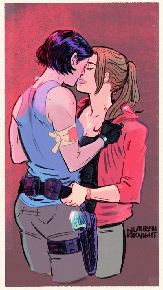 Fanart of Jill Valentine and Claire Redfield from Resident Evil. Jill has Claire by the collar of her leather jacket. Claire is pulling Jill towards her by her utility belt - they’re almost kissing. #myart