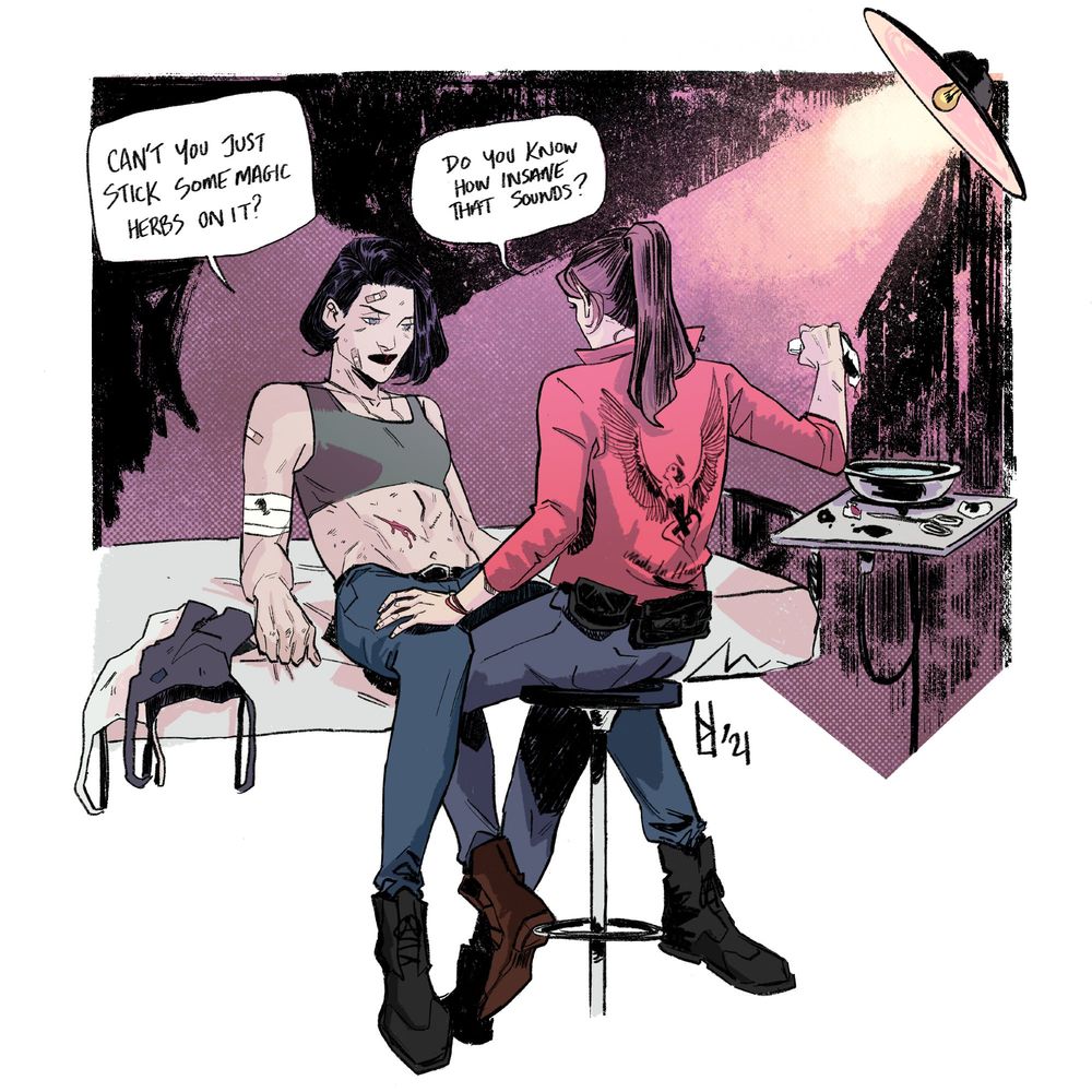 illustration of Resident Evil's Claire Redfield dressing Jill Valentine's wounds. Jill is in a sports bra and has abs for days, reclining on bed. Claire is on a stool between her legs squeezing water out of a cloth. IT'S GAY. Jill says "Can't you just stick some magic herbs on it?" Claire replies "Do you know how insane that sounds?" #my art 