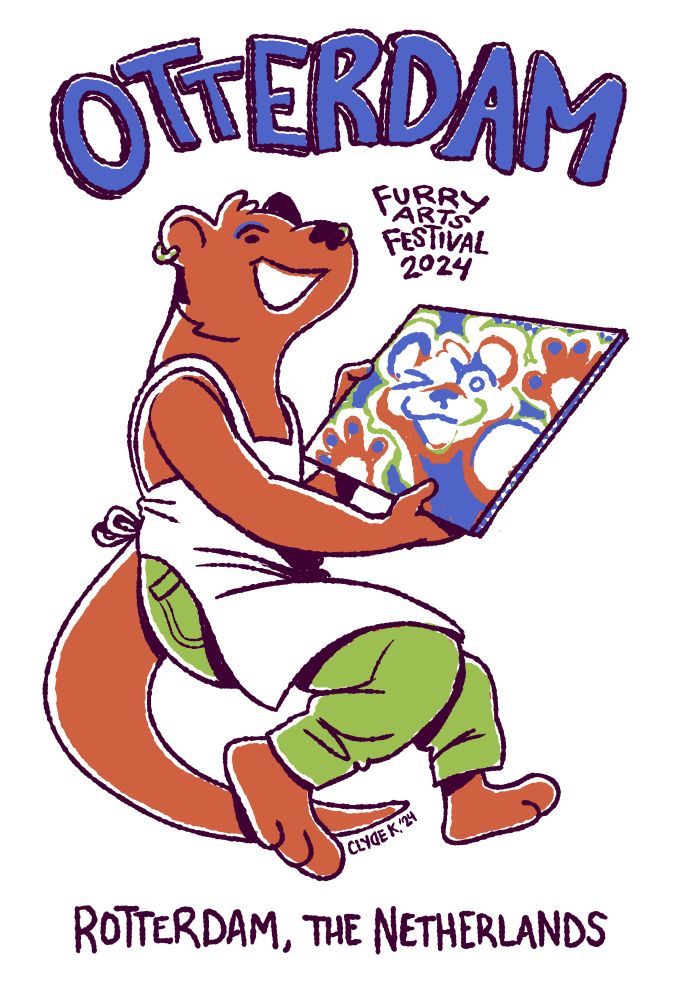 Illustration of our mascot, who's showing off a drawing they did. Text reads "Otterdam Furry Arts Festival 2024, Rotterdam, the Netherlands".