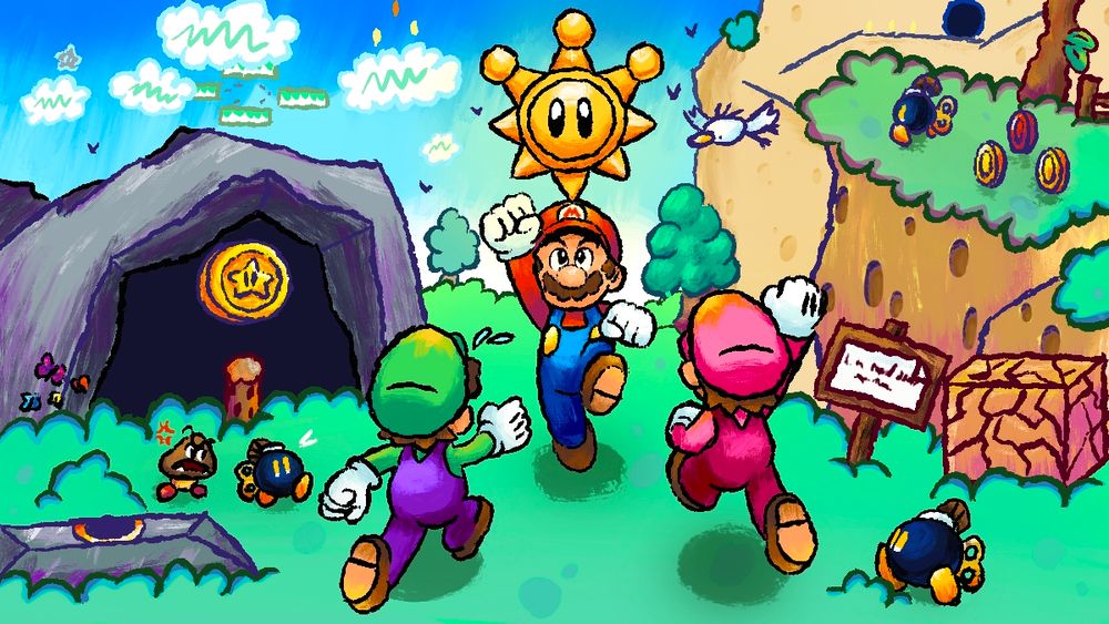 a painting in the art style of yoshis island DS. a 3d representation of super mario 63's bob-omb battlefield, with 3 differently coloured mario's and a shine sprite in the centre. on the left, a panicking green-coloured mario, on the right a pink-coloured one, and in the center, right below the shine sprite facing the viewer - a normal red and blue mario jumping for the shine. small little props fill the entire canvas, like a distracted bob-omb and his angry goomba friend, a lazy bob-omb watching the marios fight over the shine, a goonie flying in from the top, a big steelie rolling down the mountain in the background, cloud platforms and moving platforms in the sky with a silver star on top, and some level elements like the chomp's gate, a breakable box, and a canon.