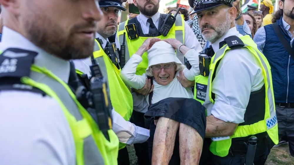 An elderly woman being physically lifted off the floor by four male police. She is clutching her hat and looking distressed