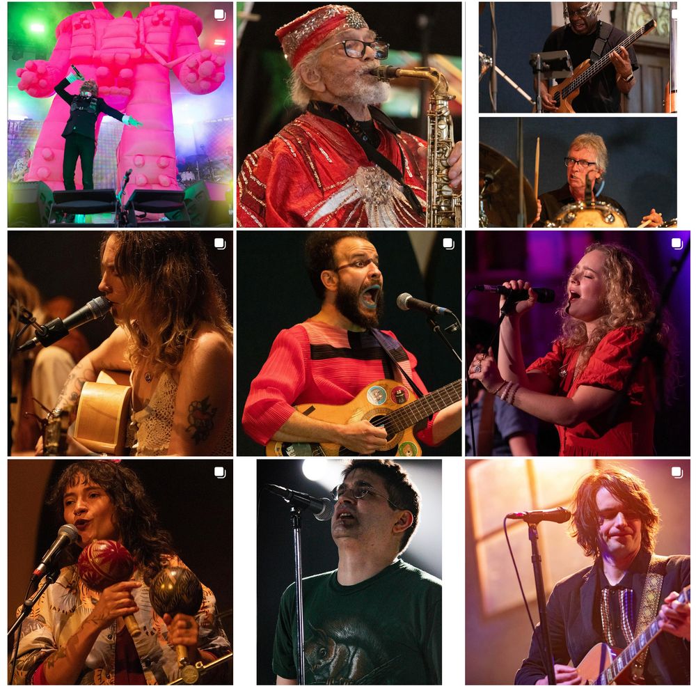 A three-by-three photo grid featuring photos of musicians from the Flaming Lips, Sun Ra Arkestra, Doom Dogs, Kassi Valazza, Pinc Louds, The Heavy Heavy, La Perla, Shellac, and Slaughter Beach, Dog.