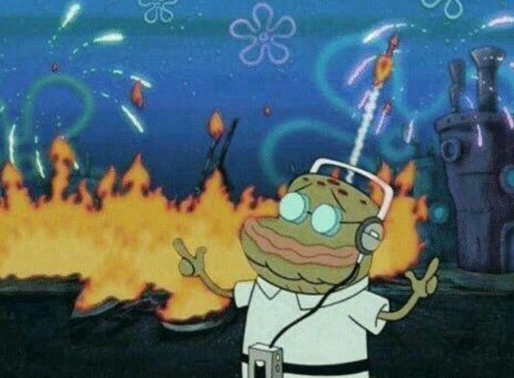 alte person mit walkman und kopfhörern auf, wie sie die musik fühlt, während es im hintergrund brennt