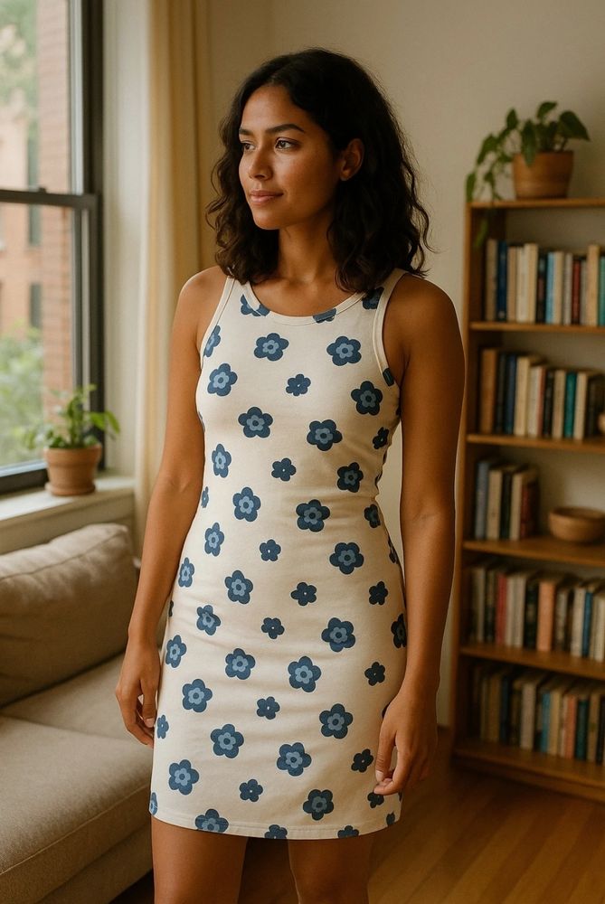 KI-Bild einer Frau, die ein weißes Kleid mit Blumen drauf trägt.