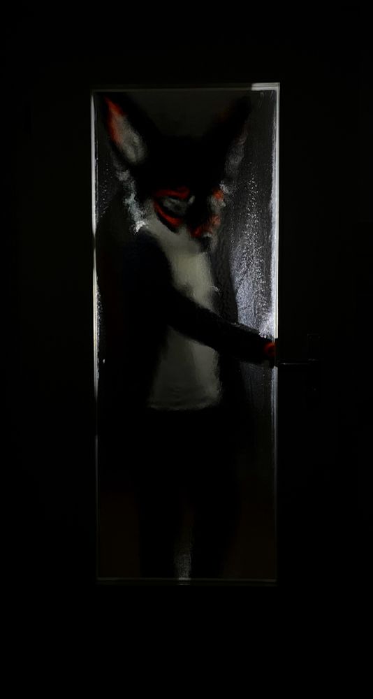 A weird floof person trying to use a door in the dark