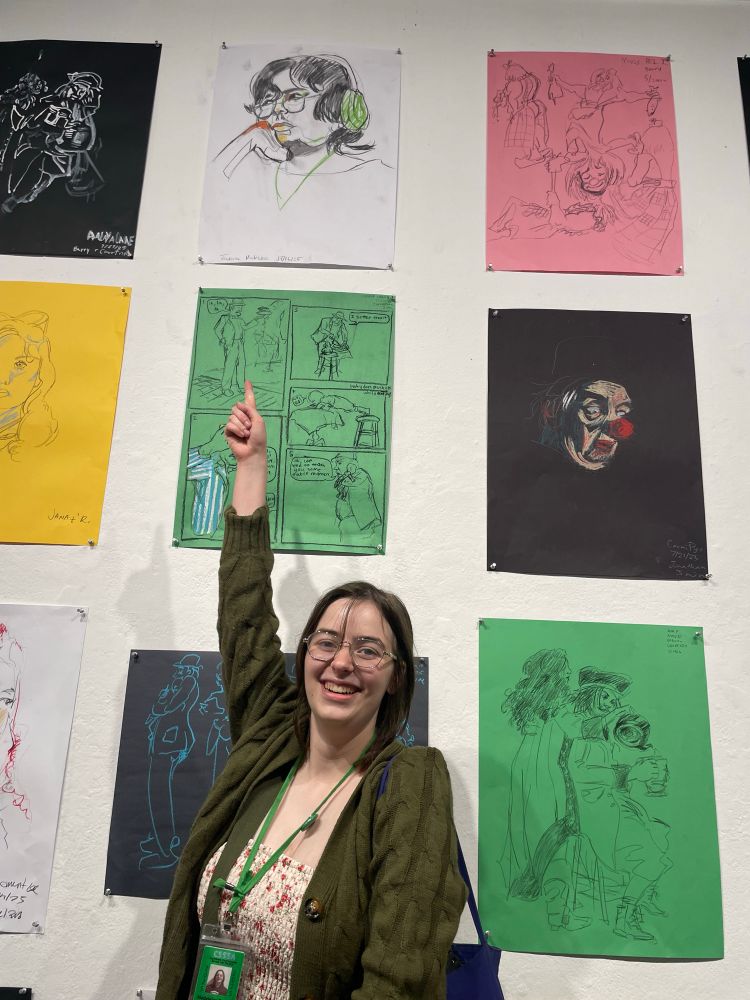 Animator points up at her self-portrait 