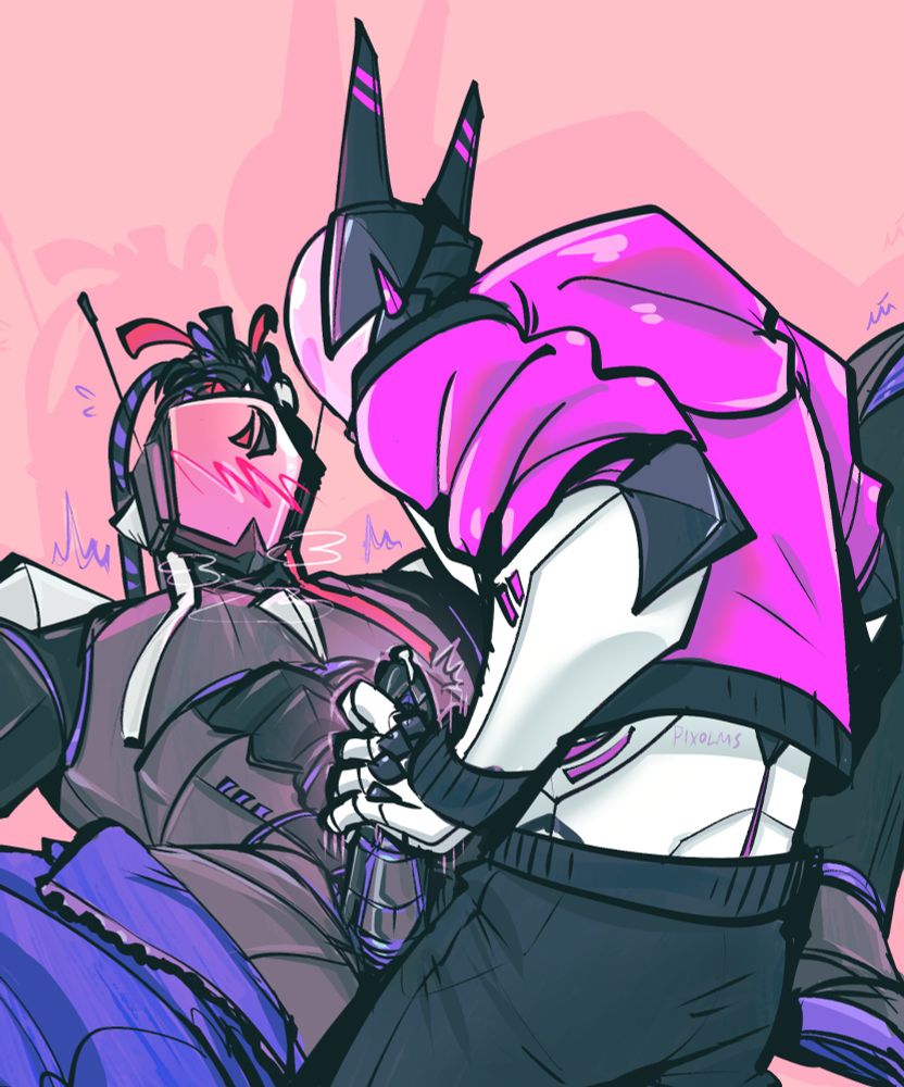 Two robot ocs, one leaning over the other giving it a hand job