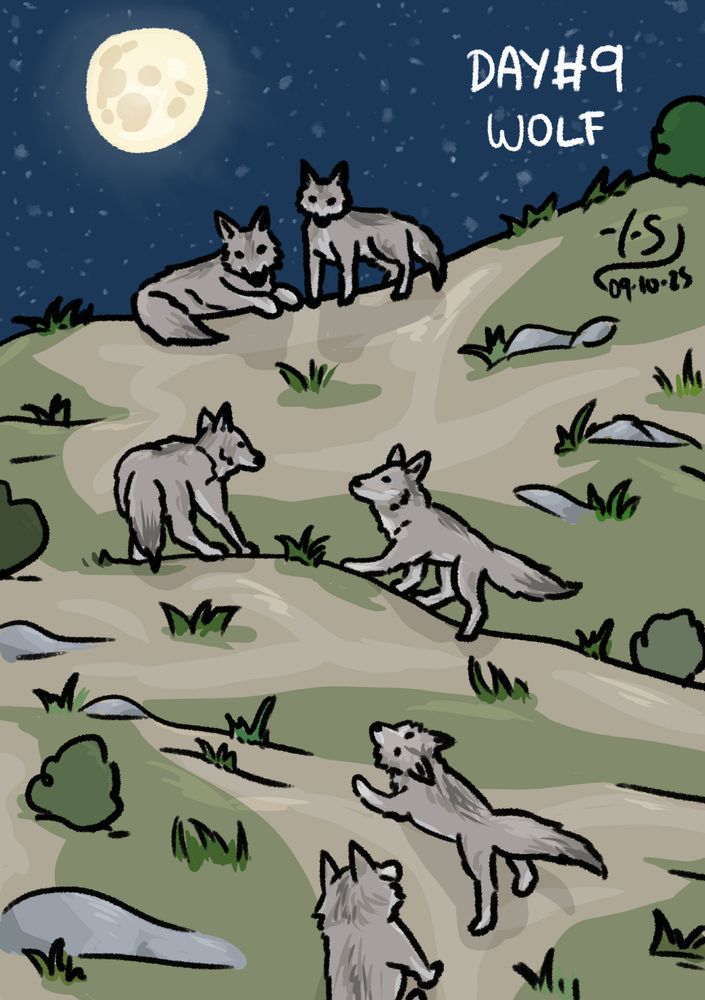 Art of a hill with some wolves on it. Two at the top looking down at the others and four climbing up. It's night and the full moon is shining over them.