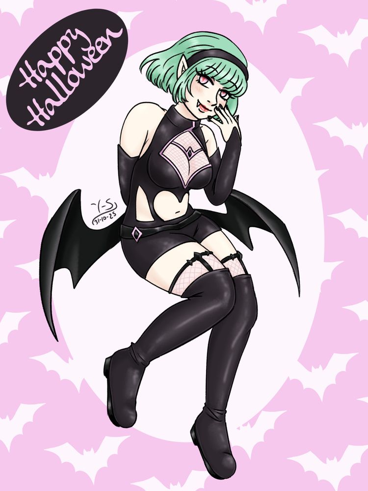 Art of my OC Nisha half floating. She's wearing a skin tight black outfit with cutouts on her chest and tummy. Her shoulders and part of her thighs are showing too. She's got bat wings coming out from her lower back too. Her eyes have red slit puppils and her ears are pointy, with a fand too. She's smiling mischeviously at the viewer with one of her hands close to her face and the other arm behin her back.
On the top left text reads "Happy halloween".