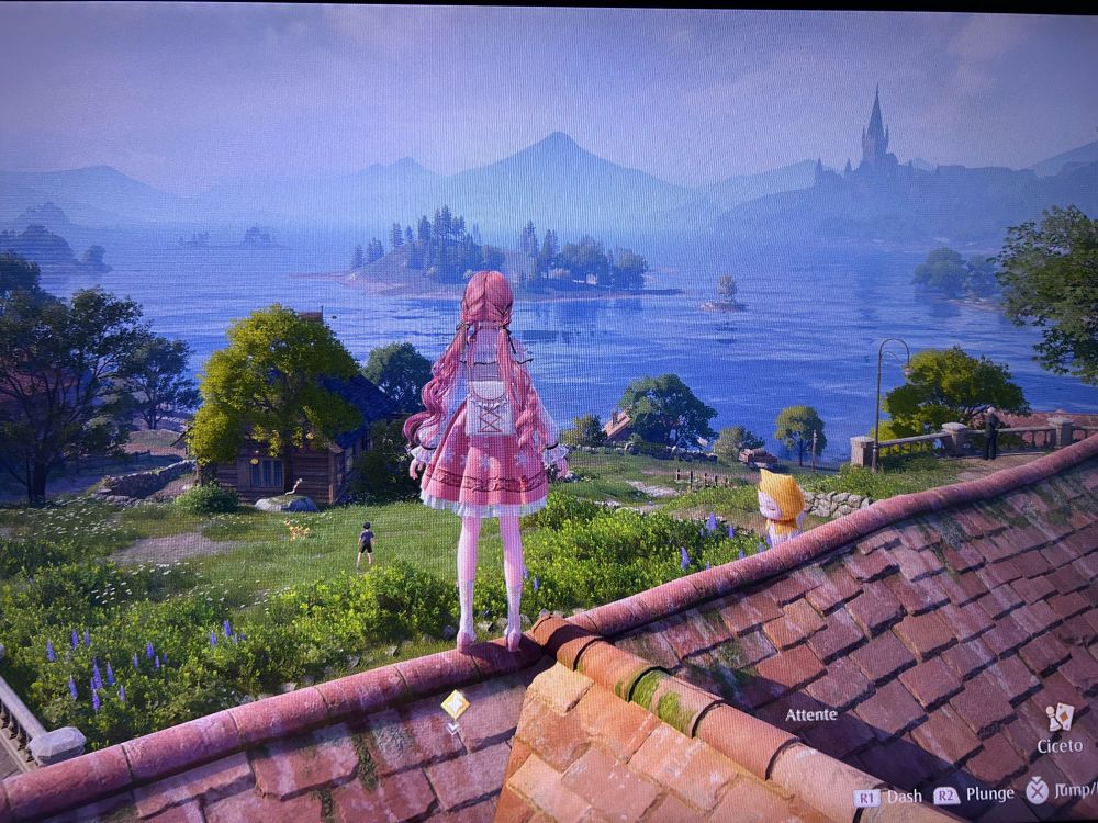 Nikki standing on a house overlooking a lake.