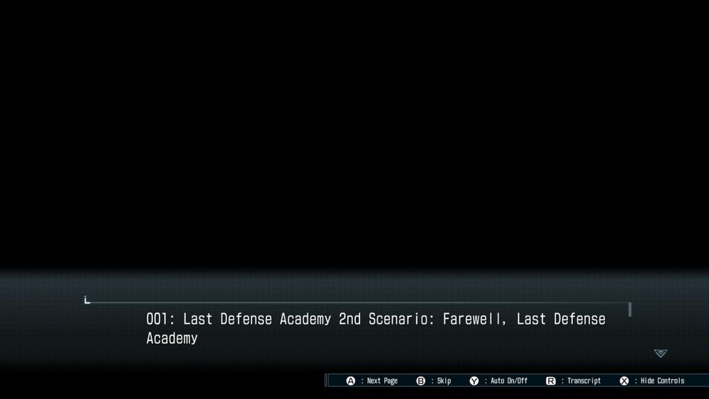 The clear screen text for ending 001: Last Defense Academy 2nd Scenario: Farewell, Last Defense Academy. It’s a black screen with that ending name displayed.