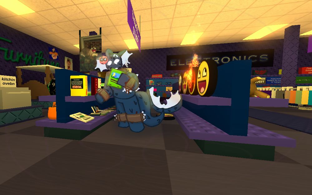 Goose (a dark blue anglerfish character) inside of the 'Toolbox Thrift' floor in the game 'Regretevator' - it's holding a book, and inspecting it.

[Seems it found a book it likes.]