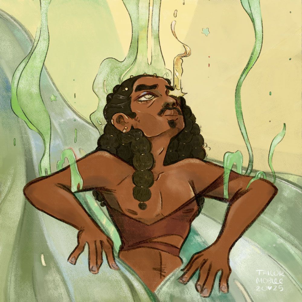 A Black man with bubble braids and a mustache, with green smoke and forms enveloping him. 