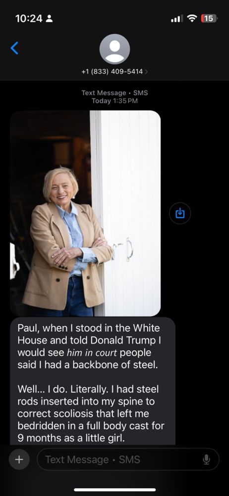 screenshot of yet another text from mills campaign announcement