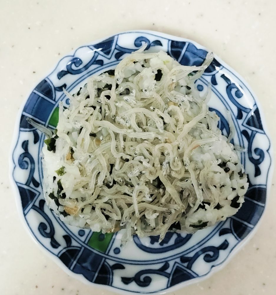 ちりめんじゃこしか見えないかもだけと、その下にはわかめおにぎり。