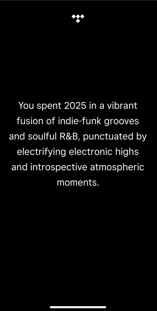 Text says 'you spent 2025 in a vibrant fusion of indie-funk grooves and soulful R&B, punctuated by electrifying electronic highs and introspective atmospheric moments.'