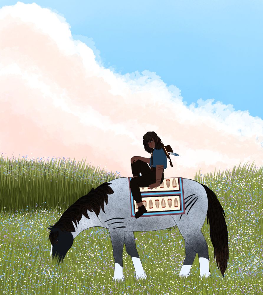 My ocs Moe (the human) and his horse Caspian. They are in a big field full of tall grass and colorful flowers, a large cloud filling the sky behind them. Cassie is relaxed and grazing while Moe is perched upon her back, a knee pulled up to his chest. He has a blank stare fixated at the viewer.