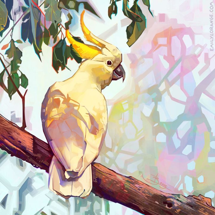 a digital painting of a white parrot with yellow crest sitting on a branch. its back is to the viewer, but face can be seen in profile looking to the right. a patch of leaves in the upper left corner casts a shadow on its wings. in the background an abstract pattern of pastel leaves and branches can be seen.