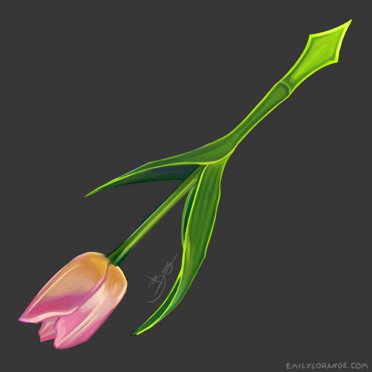 A digital painting of a fantasy sword. this sword appears to be a single tulip, with flower making up the pommel, leaves the guard, and the stem coming to a bright green point.