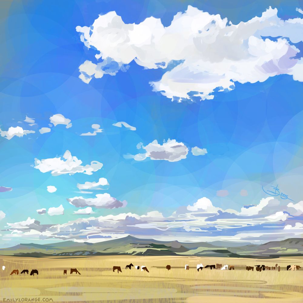 a digital painting of a landscape, mostly showing a blue sky with large puffy clouds, a distant mountain range, and a yellow field in the foreground with a line of tiny animals, likely horses grazing