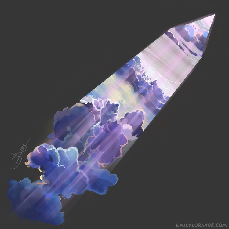 a digital painting of a fantasy sword. the hilt is made of a dark blue cloud, and the blade is a cut-out of a scene resembling a bright sky with brilliant sunlight and a sea of blue and purple clouds below.