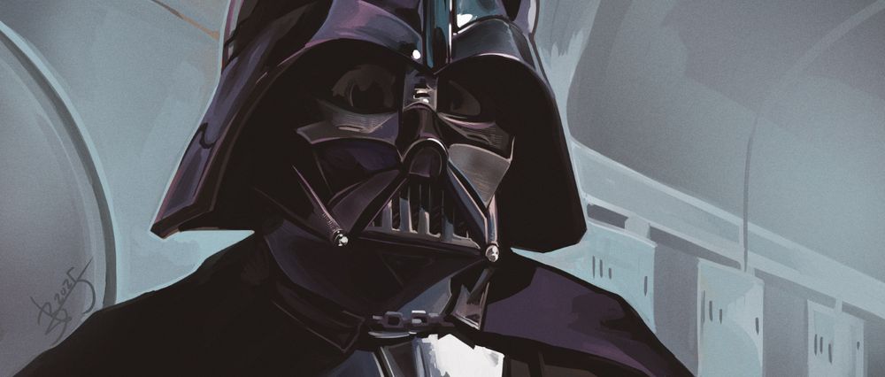 a digital painting showing Darth Vader in extreme close up, looking lightly to the right