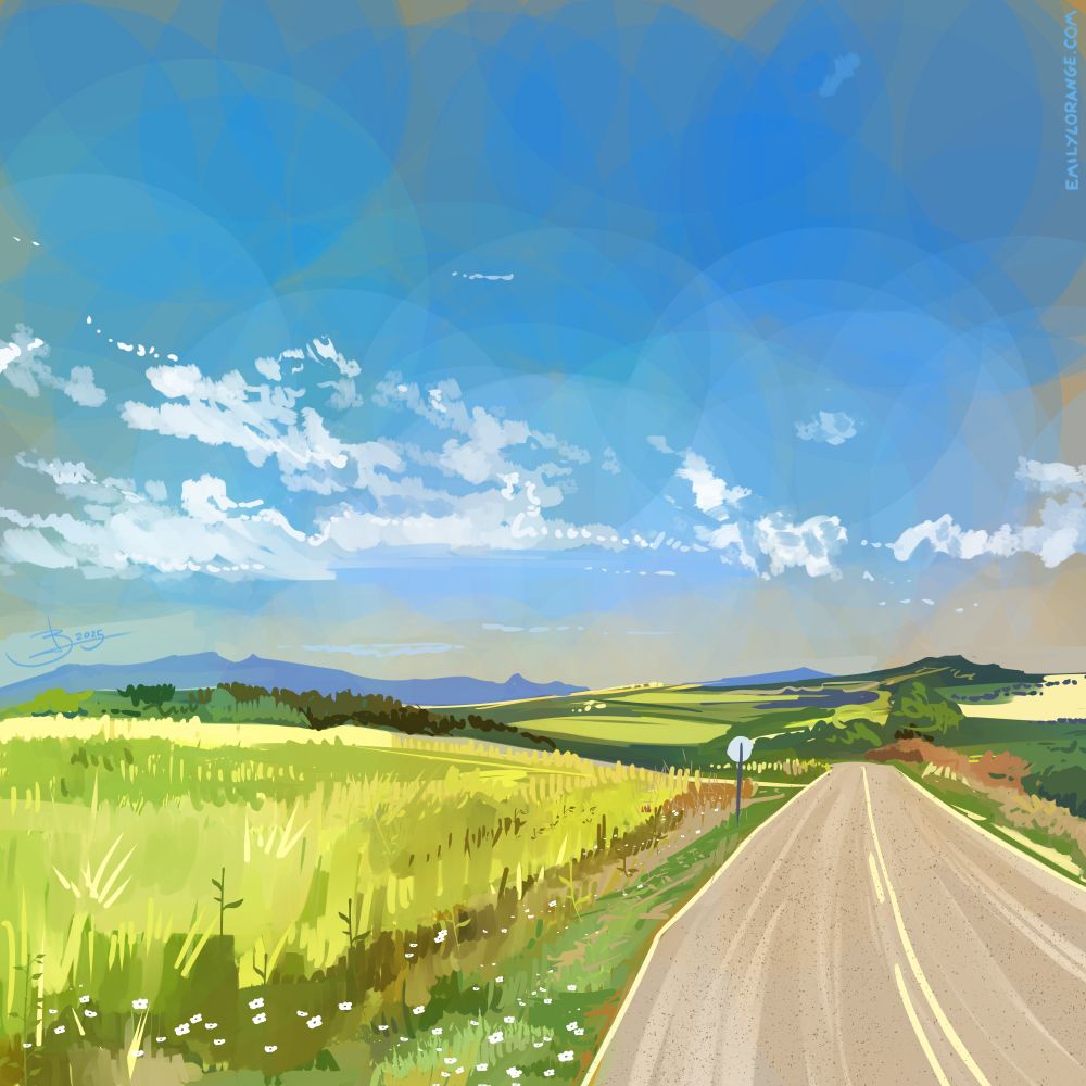 a digital painting of a landscape, with rolling green fields, a blue sky dotted with puffy clouds, and a road on the right side of the image vanishing to the horizon.