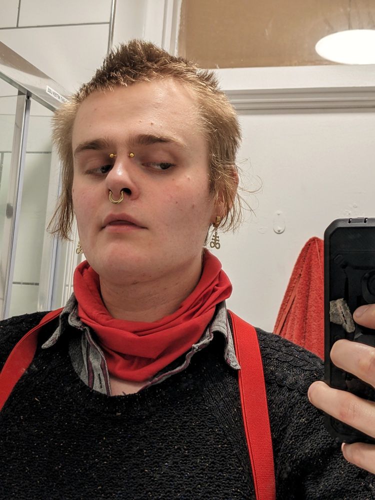 butch trans woman, grade 6ish hair, red neck scarf, red braces. gold face jewelry, jumper/flannel combo.
