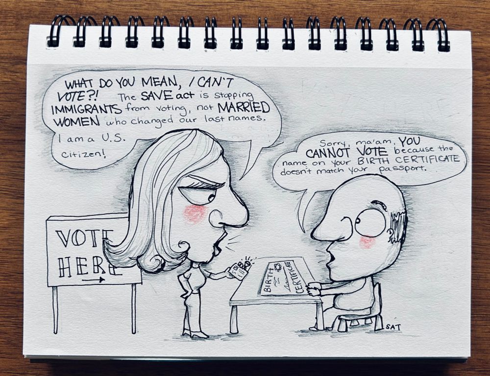 Married woman at polling place being told by a male poll worker that she can’t vote because the name on her birth certificate doesn’t match the name on her passport.