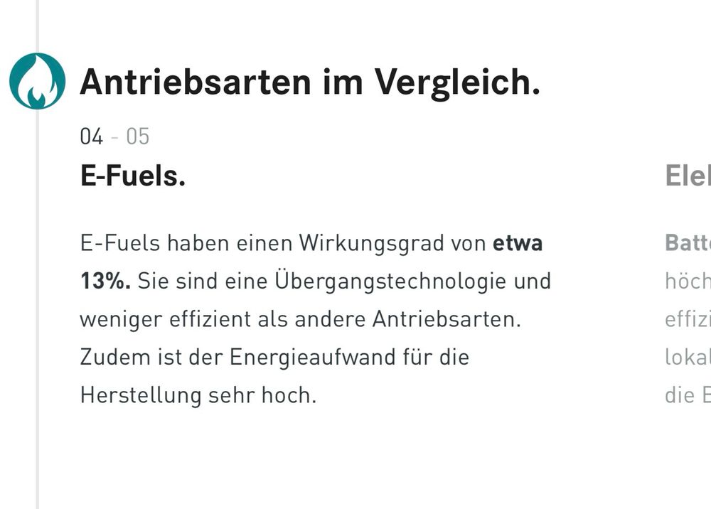 Vergleich von Antriebsarten PKW: 
Diesel: 28% vs. Benzin 19% vs. Brennstoffzelle 36% vs. E-Fuels 13% vs. Elektrisch 70%