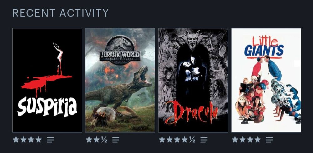 Kit's recent Letterboxd activity 

Little Giants (1994. Four stars)

Francis Ford Coppola's Bram Stoker's Dracula (1992. Four and a half stars)

Jurassic World: Fallen Kingdom (2018. Two and a half stars)

Suspiria (1977. Four Stars)