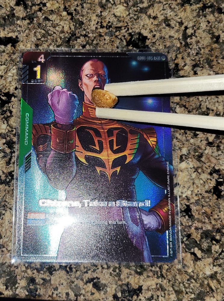 Alt art "Citizens, Take a Stand!", only I'm feeding the illustration of Gihren a peanut with a pair of chopsticks. (30567 unique sentences remain.)