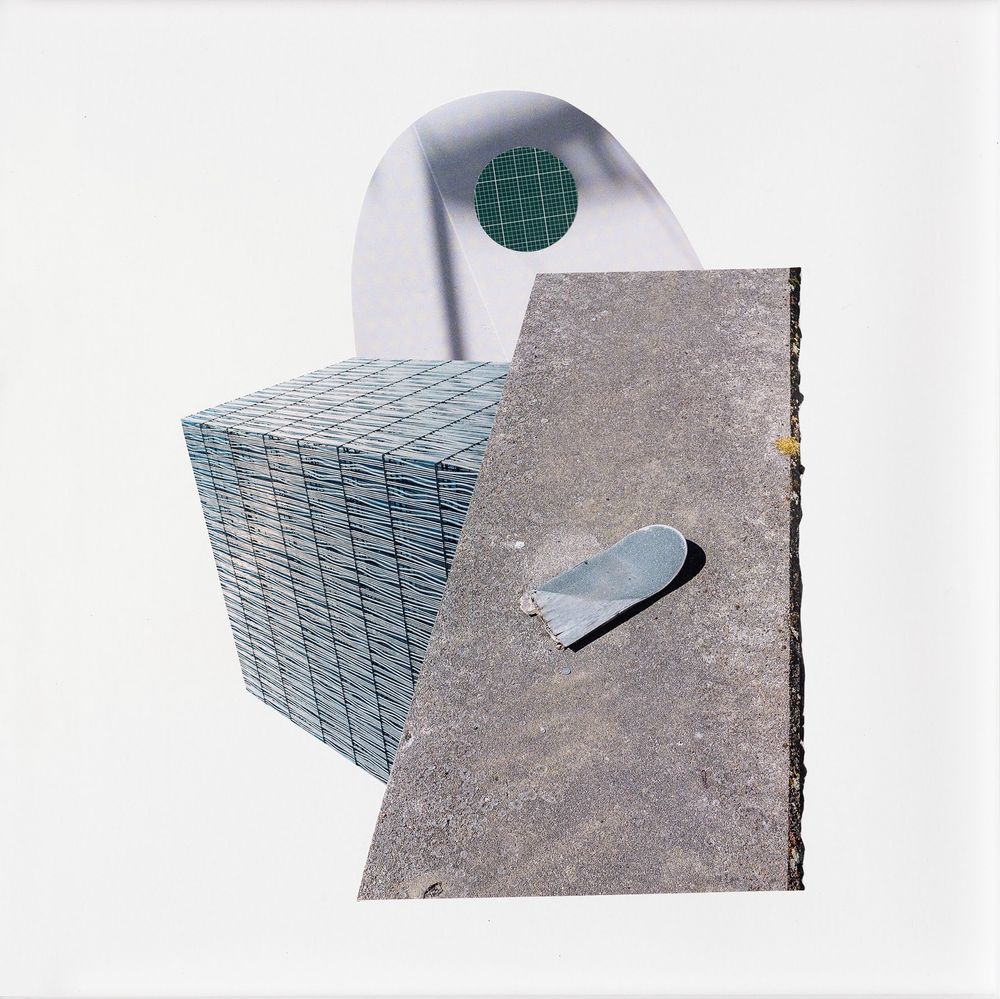 Hand-cut collage with comprised of urban textures and structures including a slab of concrete with a broken skateboard, a Japanese office tower, a sphere of green graph paper.