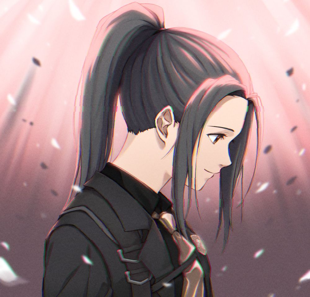 Side profile view of the female protagonist of Caligula 2, underneath pink lighting with glitch effects distorting the image.