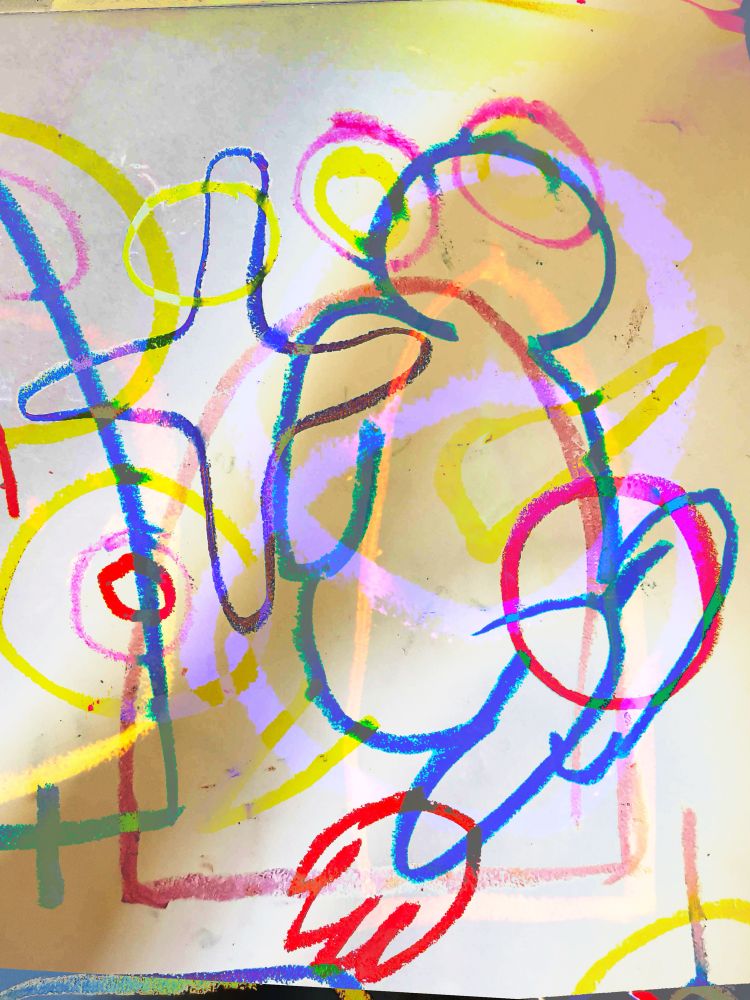 crayon drawings layered on top pf each other. a colourful mess.