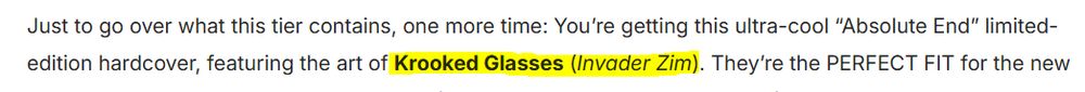 text from the Kickstarter page crediting me as "Krooked Glasses (Invader Zim)"