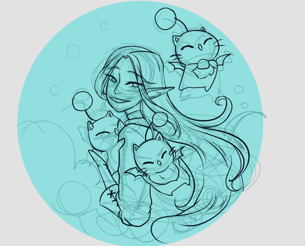 ffxiv character ysayle looks at the viewer with affection and love in her eyes, surrounded by things she likes, which are the cute and fluffy moogles. 