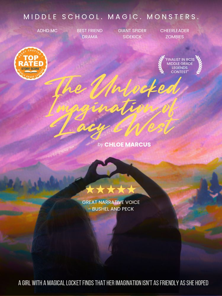 Watercolor background of field and Tres and mountains south two girls putting hands together to form a heart. Reads the Unlocked Imagination of Lacy West. Top rated story score for Ready Chapter 1. Finalist in MG Legends Contest