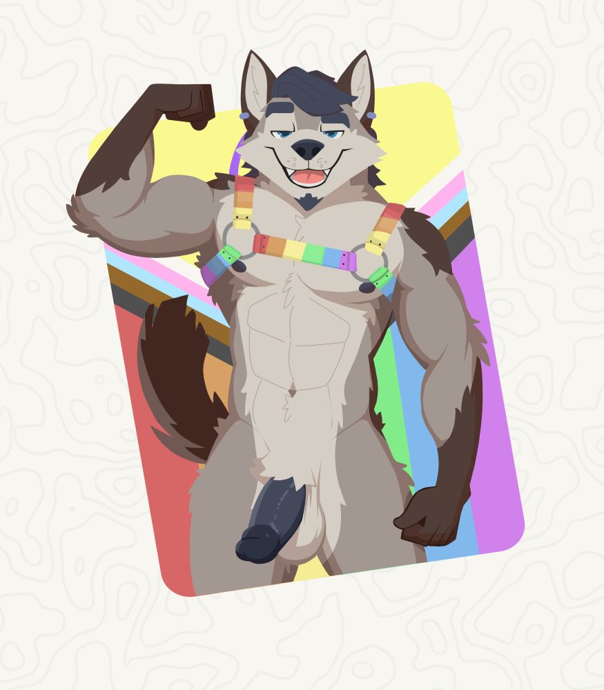This image is an illustration of a furry character.

Chester is a wolf man with a very muscular physique. He has blue-ish head hair, a blue-ish chin tuft, blue flesh tone, grey/pearl/brown fur, and blue eyes.

This illustration of Chester is drawn from the knees up. Chester is only wearing a rainbow colored chest harness. His erect cock and balls are fully exposed. He's flexing his right bicep while smirking at the POV.

Behind Chester is the intersex-inclusive, progressive pride flag.