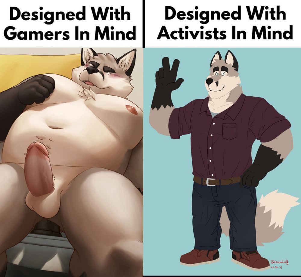 This is a meme. The left panel reads "designed with gamers in mind." Below the text is an image of Eddy (chubby anthropomorphic fox character) masturbating. On the right, the text reads "designed with activists in mind". It's another drawing of Eddy by another artist, and he's fully clothed.