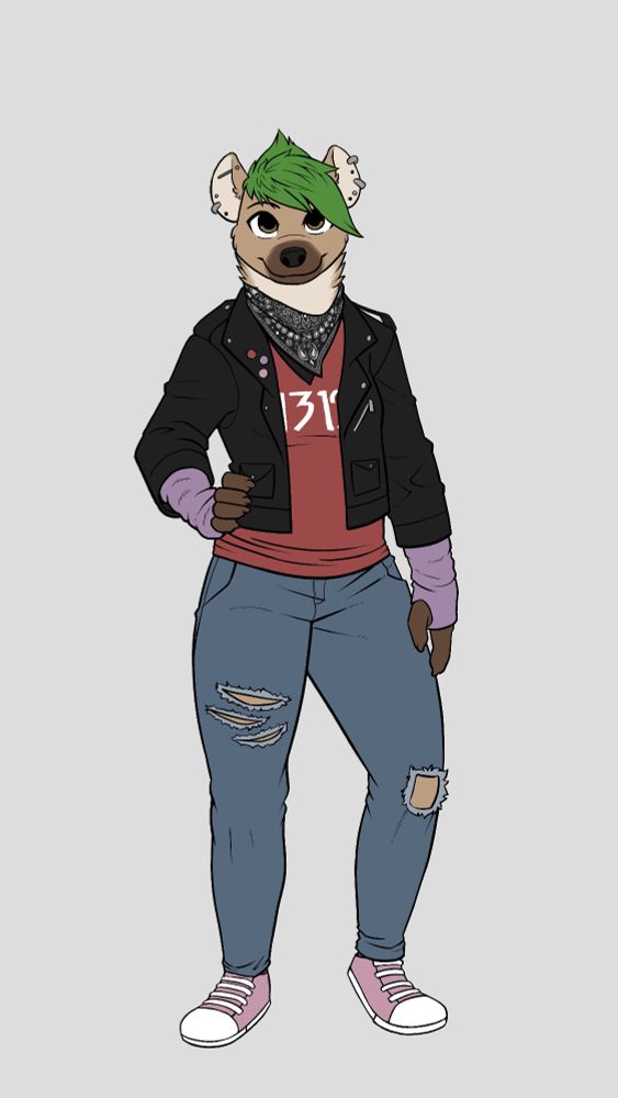 April is a spotted hyena woman. She has a short haircut, dyed green. She also has several ear piercings on both ears.

This illustration is a full body piece of April. She's standing up, looking at the POV while smiling. She's wearing pink and white shoes, ripped blue jeans, a black leather jacket with a red shirt underneath, a black bandana, purple arm warmers on both hands.