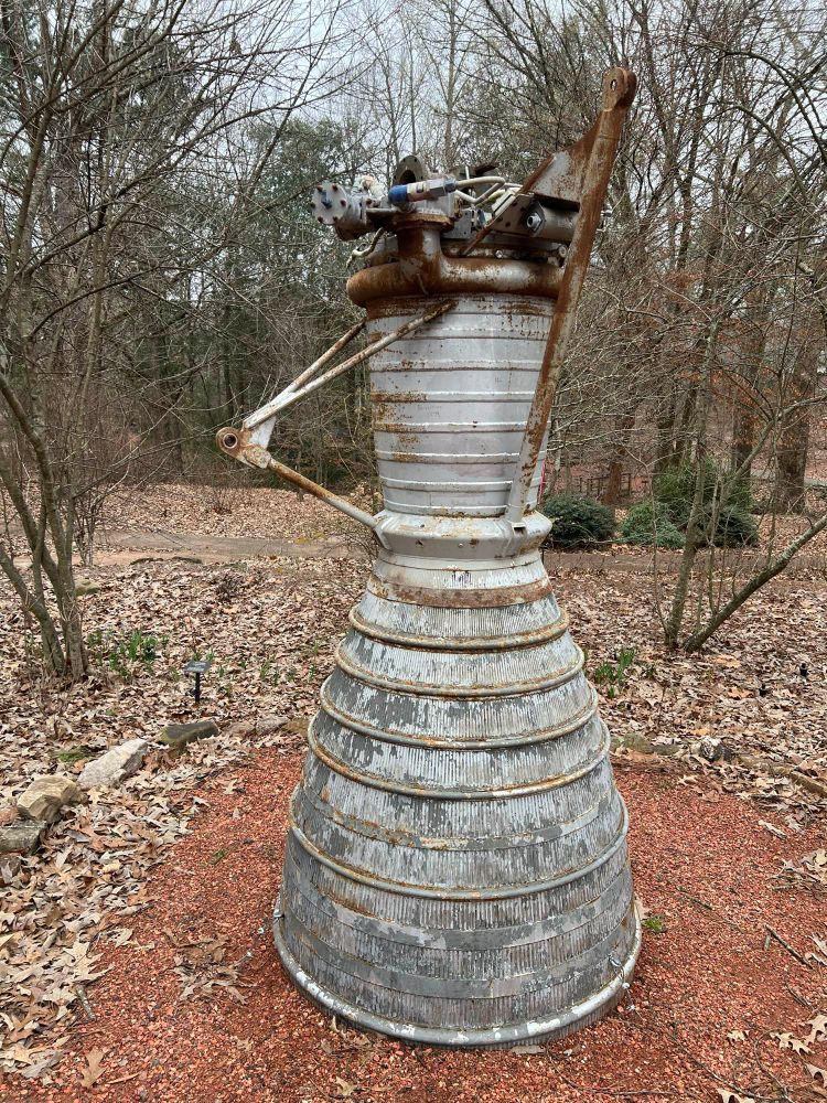 Photo of a rocket engine built by Rocketdyne, just sitting on the ground at Davis Arboretum in Auburn, Alabama. 