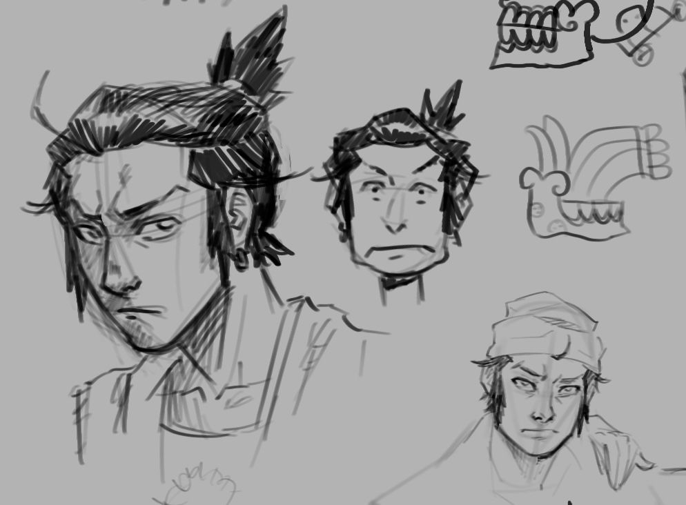 black and white sketches of an oc for a world building project