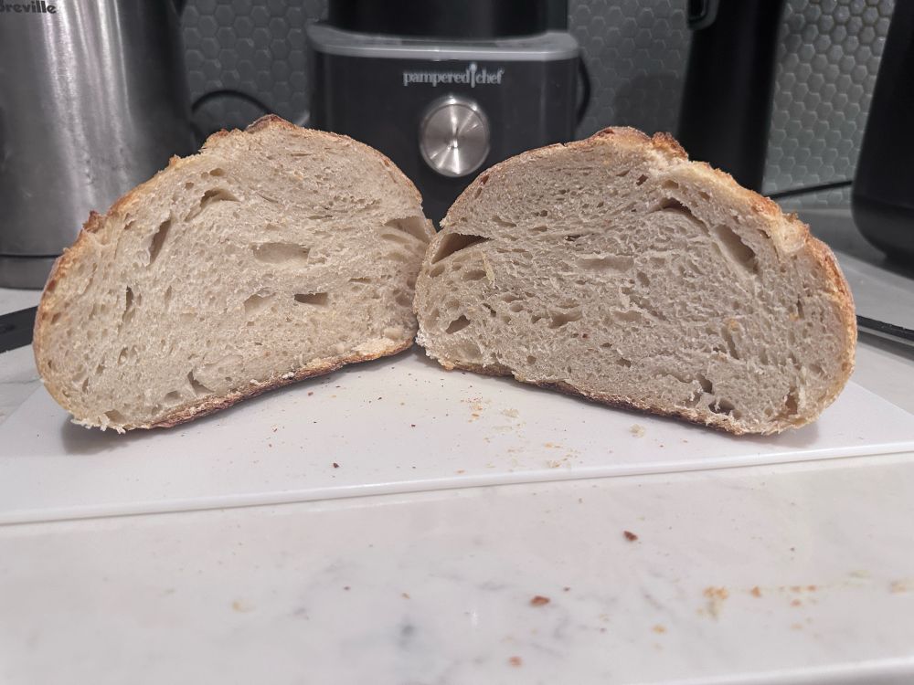 Homemade Sourdough bread cut in half