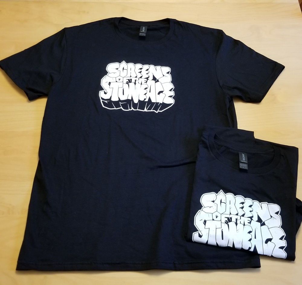 Black t-shirts with white "Screens of the Stone Age" logo
