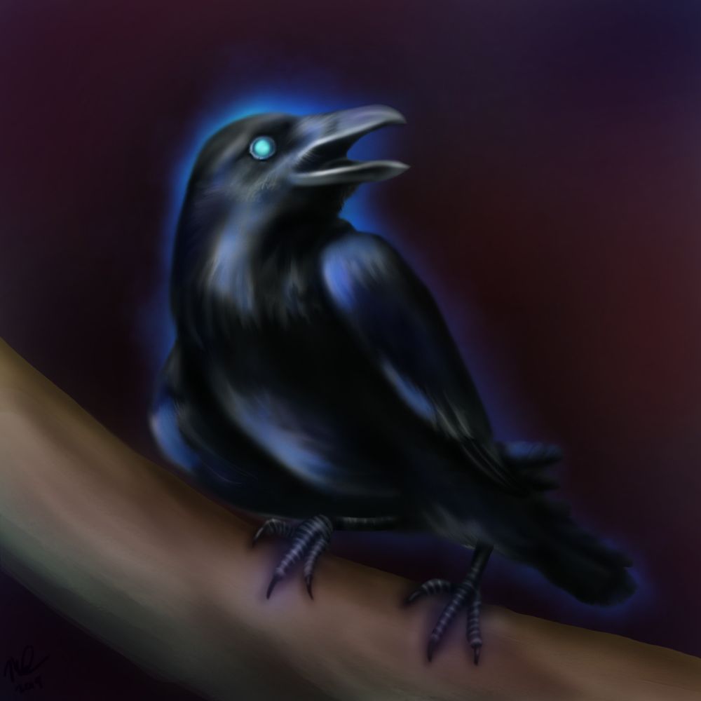 Drawing of a raven with a blue spectral aura.