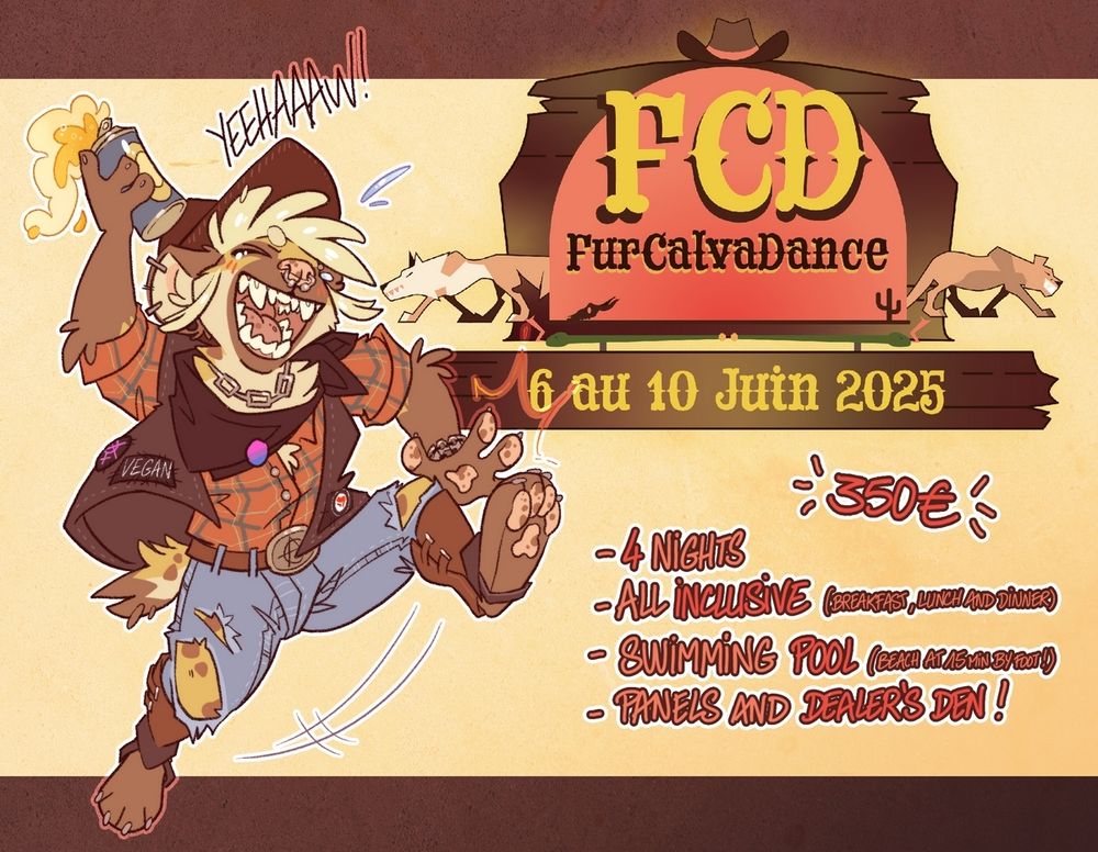 Digital doodle of Mlice's fursona, an anthro hyena, dressed as a cowboy. It's a promotion for the FurCalvaDance convention happening in June
