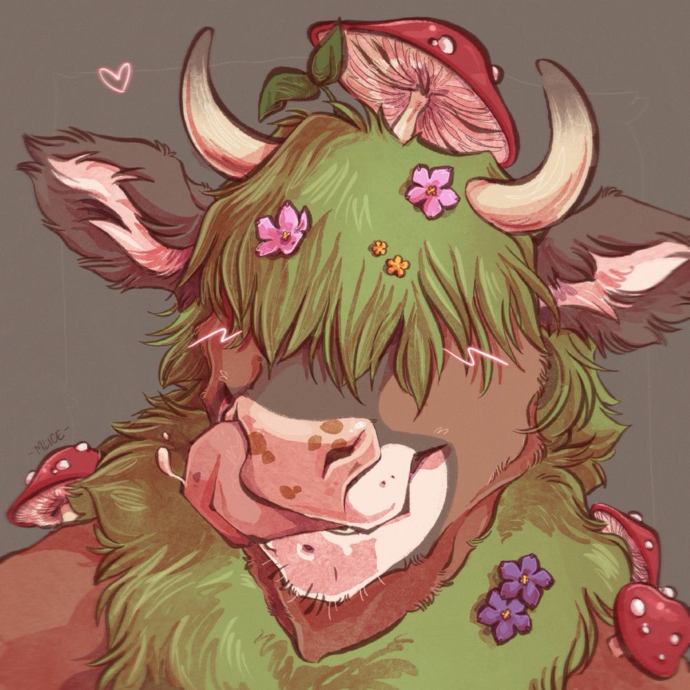 Digital portrait of an anthro highland cow with grass instead of hairs with some shrooms popping of it 