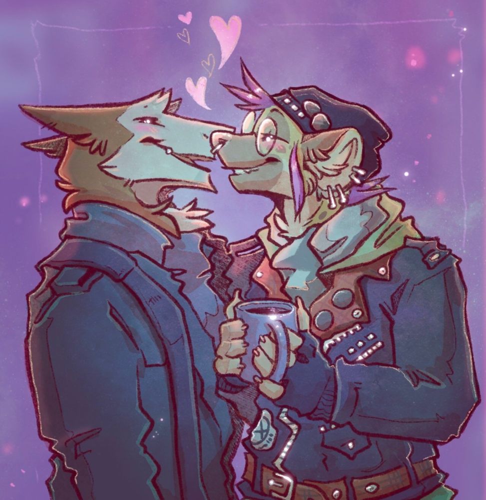 Rakipu, an anthro sergal, and Mlice, an anthro hyena, kissing by drinking a mulled wine. They are wearing winter clothes and the atmosphere is cold but heartwarming 